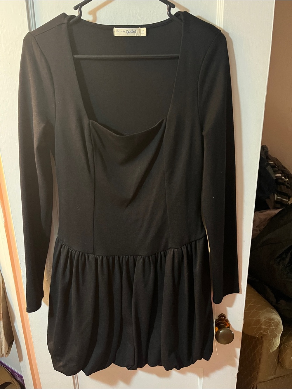 Splendid Black Long-Sleeve Cowl-Neck Bubble-Hem Dress